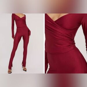Long Sleeve Plunge Wrap Detail Top And Leggings Co-Ord Set In Wine Slinky
